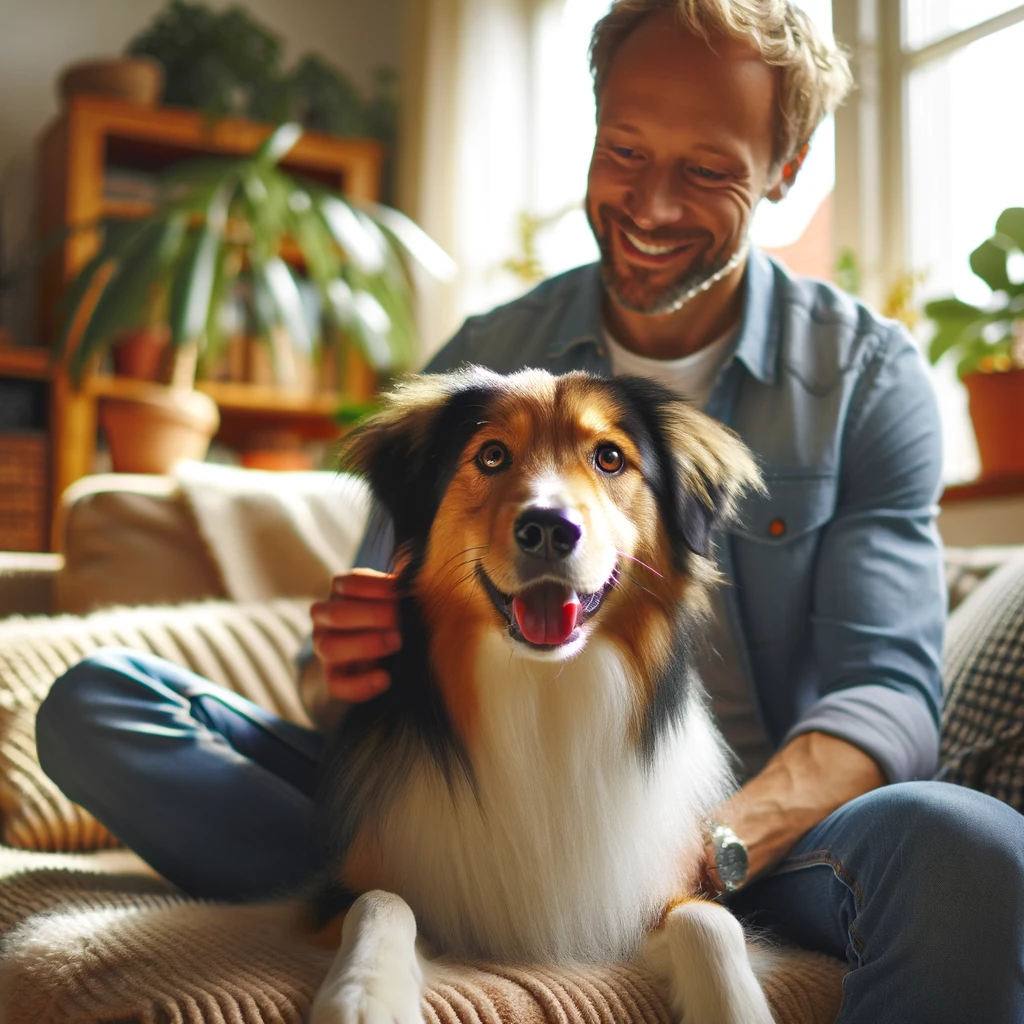Hunde kaufen Titelbild. Ein glücklicher Hund mit seinem neuen Besitzer in einem gemütlichen Zuhause.