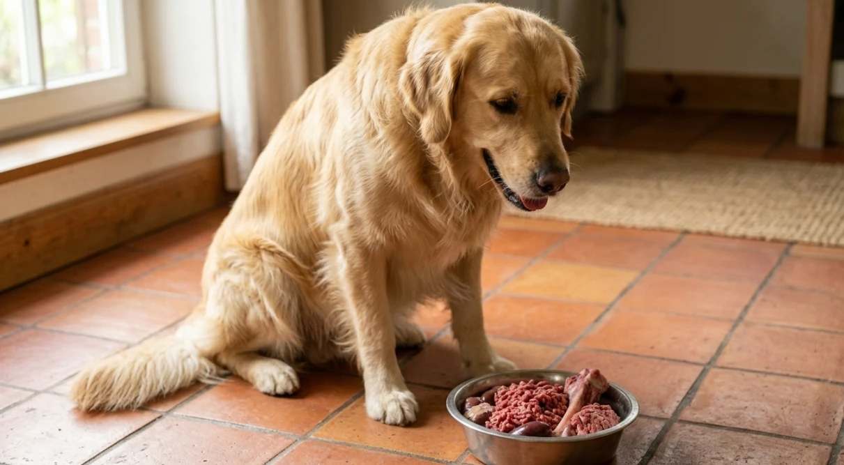 Balu wartet als BARF-Anfänger auf seine frische Rohfleisch-Mahlzeit