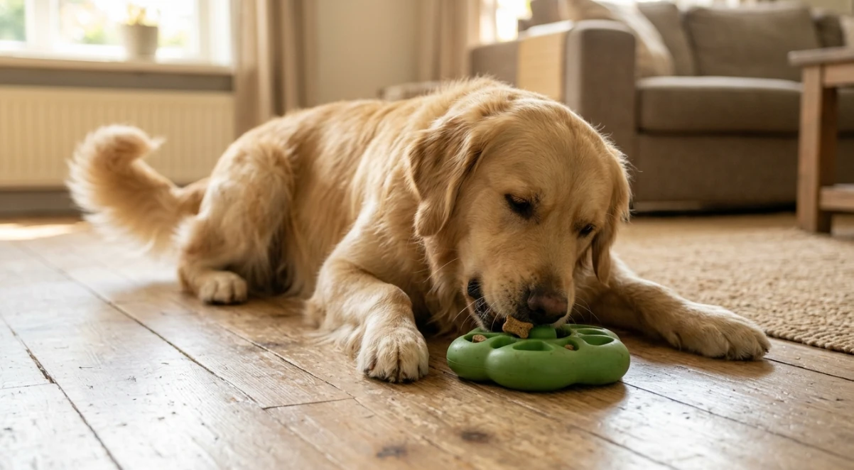 Balu sucht konzentriert nach einem versteckten Gegenstand – Hund beschäftigen mit Nasenarbeit