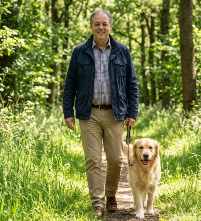 Hund trainieren - Mann spaziert mit dem Hund durch den Wald