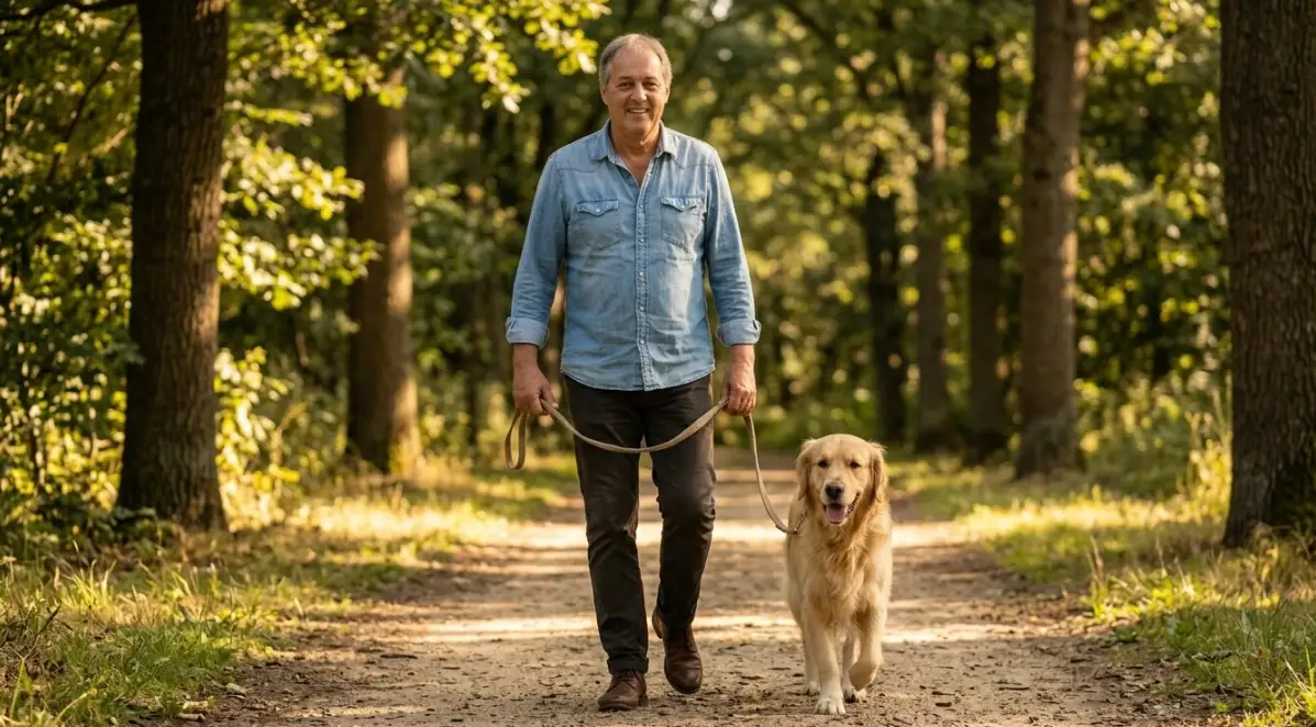 Balu läuft entspannt an lockerer Leine, der Hund zieht an der Leine nicht mehr
