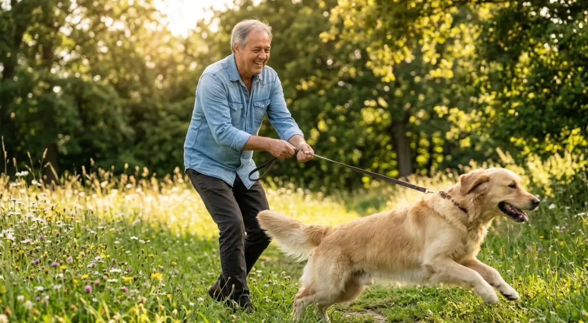 Balu als junger Hund zieht an der Leine vor lauter Vorfreude