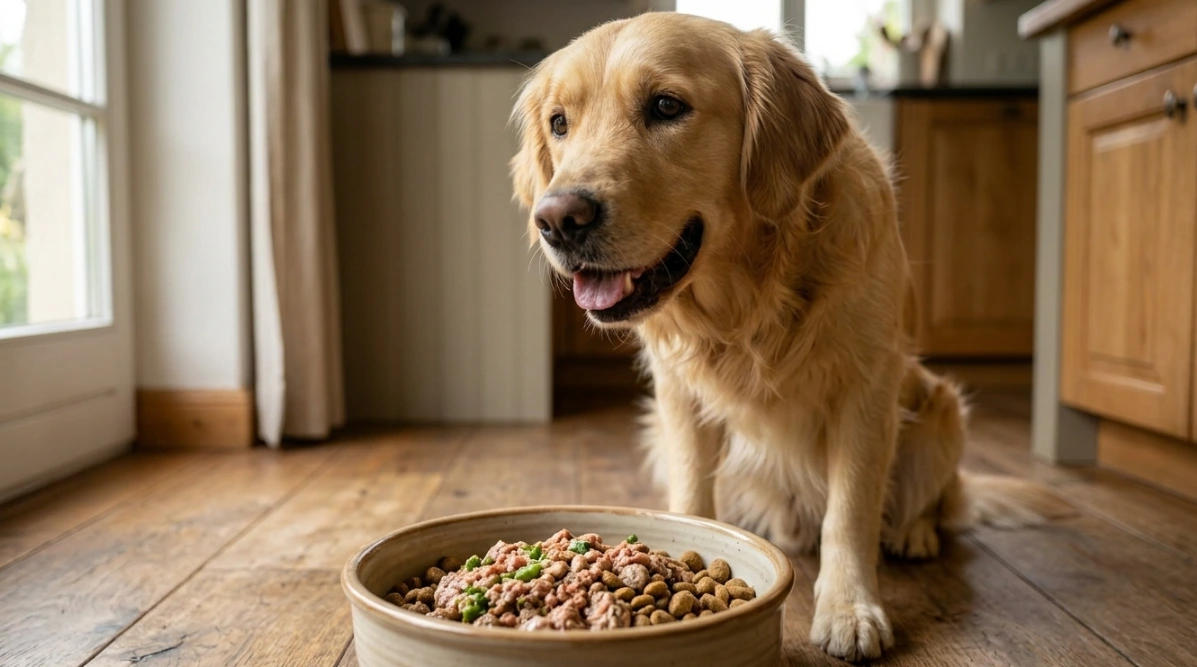 Balu wartet erwartungsvoll vor seinem gefüllten Napf – Hundeernährung mit gutem Gewissen
