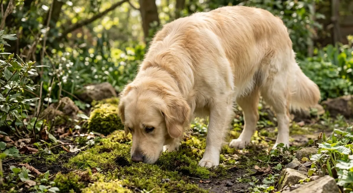 Balu bei der Nasenarbeit als Hund konzentriert am Schnüffeln im Gras