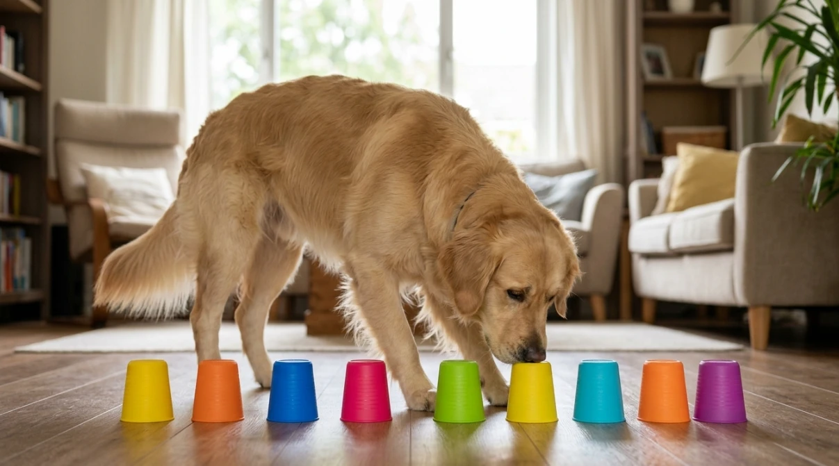 Balu beim Suchspiel der Nasenarbeit als Hund mit Karton im Wohnzimmer
