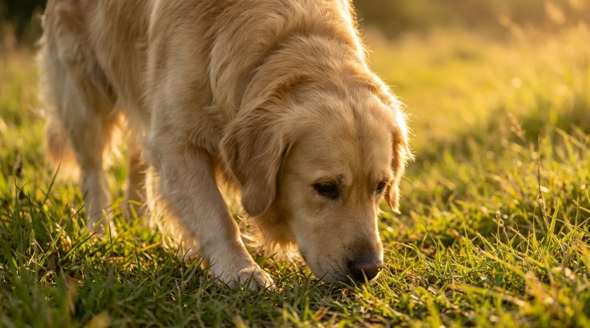 Nasenarbeit Hund: Hund schnüffelt konzentriert auf einer Wiese
