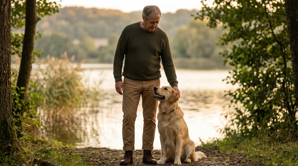 Balu bleibt an der Leine entspannt neben seinem Menschen – Problemverhalten beim Hund ruhig lösen